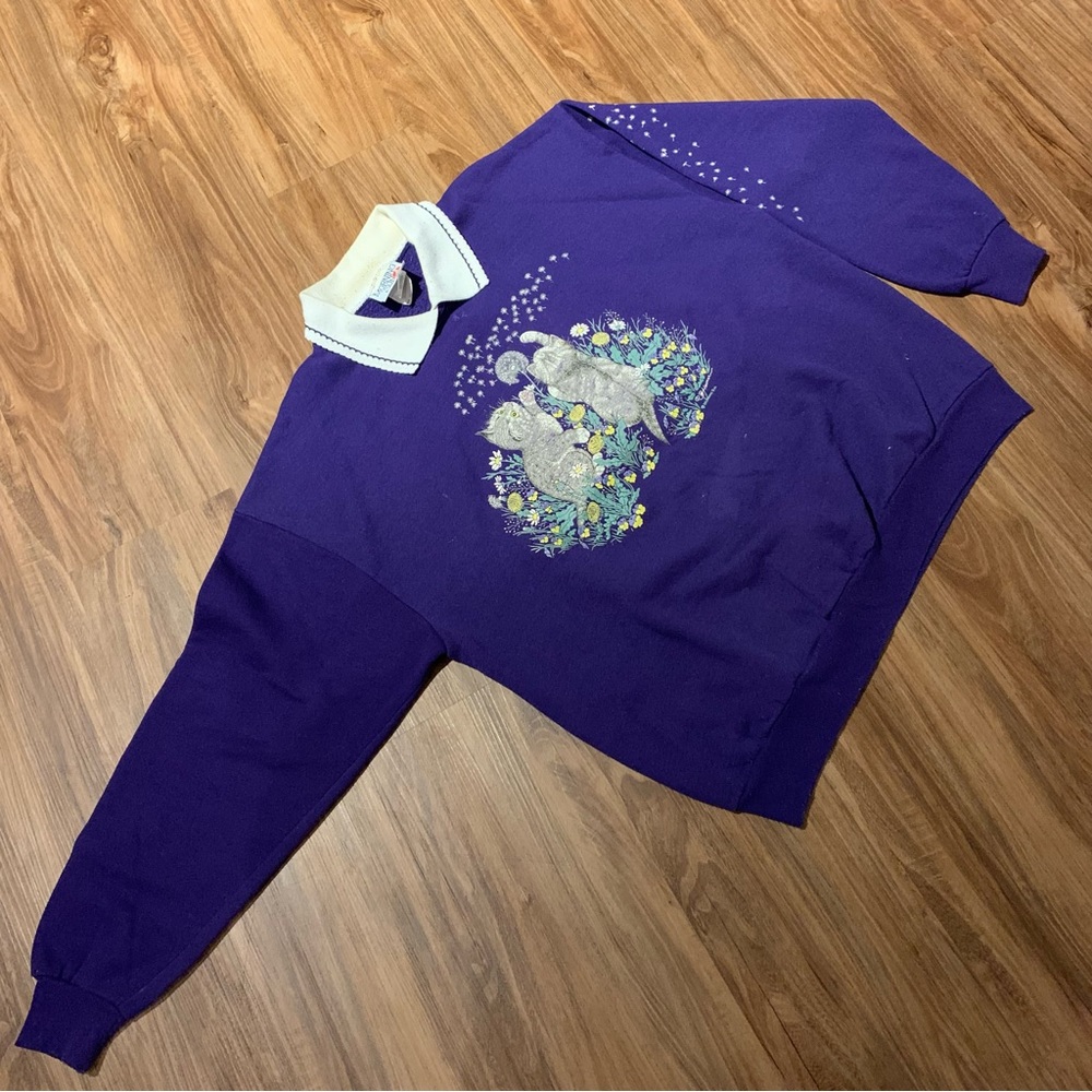 Vintage Purple Morning Sun Kittens w/ Dandelions Collar Sweater SIZE XXL